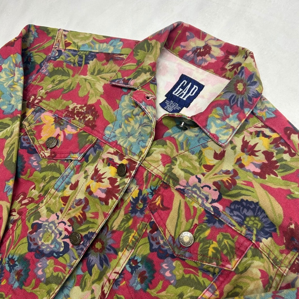 Vintage Gap Floral Denim Trucker Jacket XL Pink Green Botanical Cotton Canvas